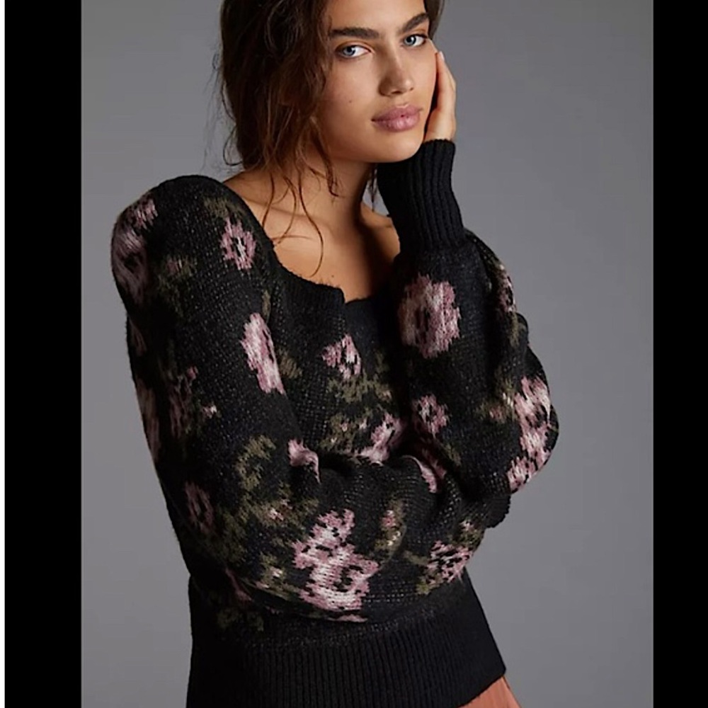 Anthropologie Black Floral Motif Sweater